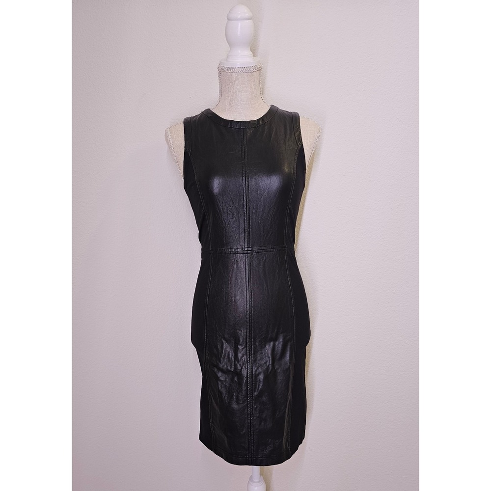 Dex Womens Black Faux Leather Front Sleeveless Midi Dress Full Back Zip XS